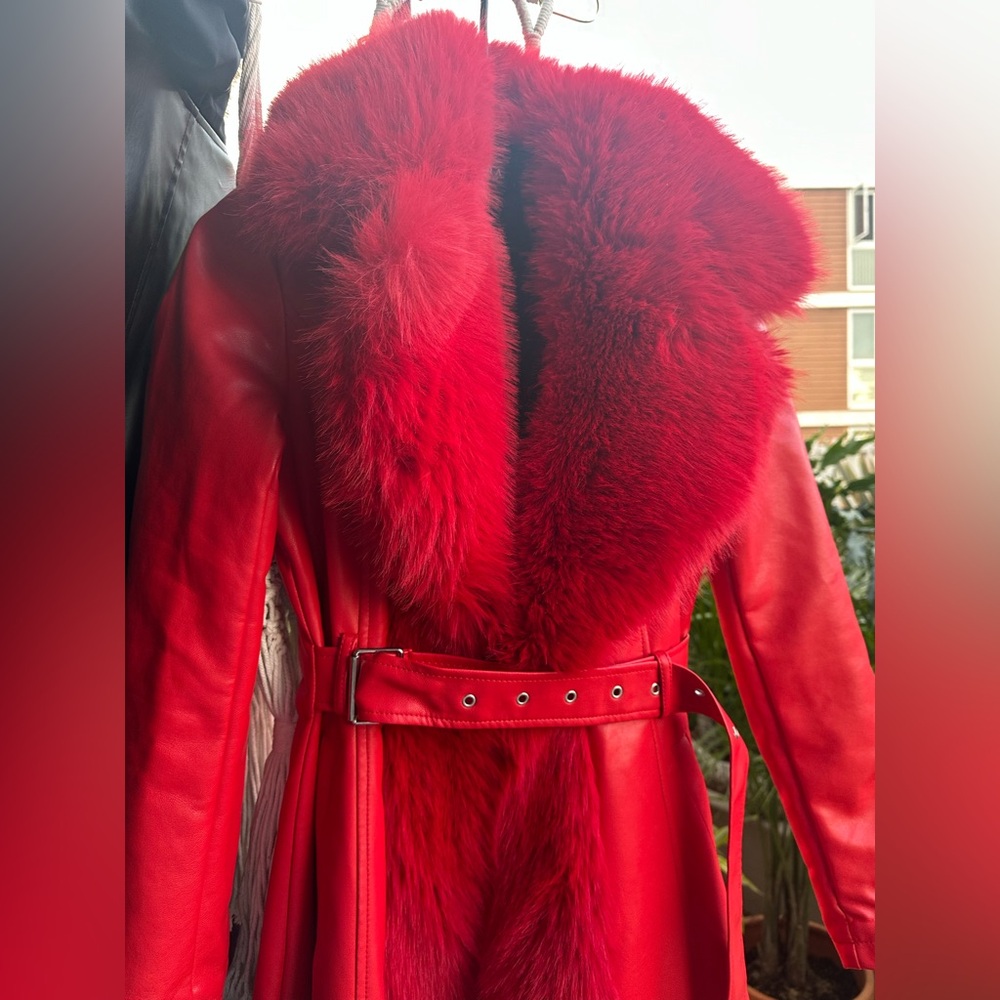 Akira Faux Fur Coat - Luxurious Red Faux Fur Trimmed Women's Coat